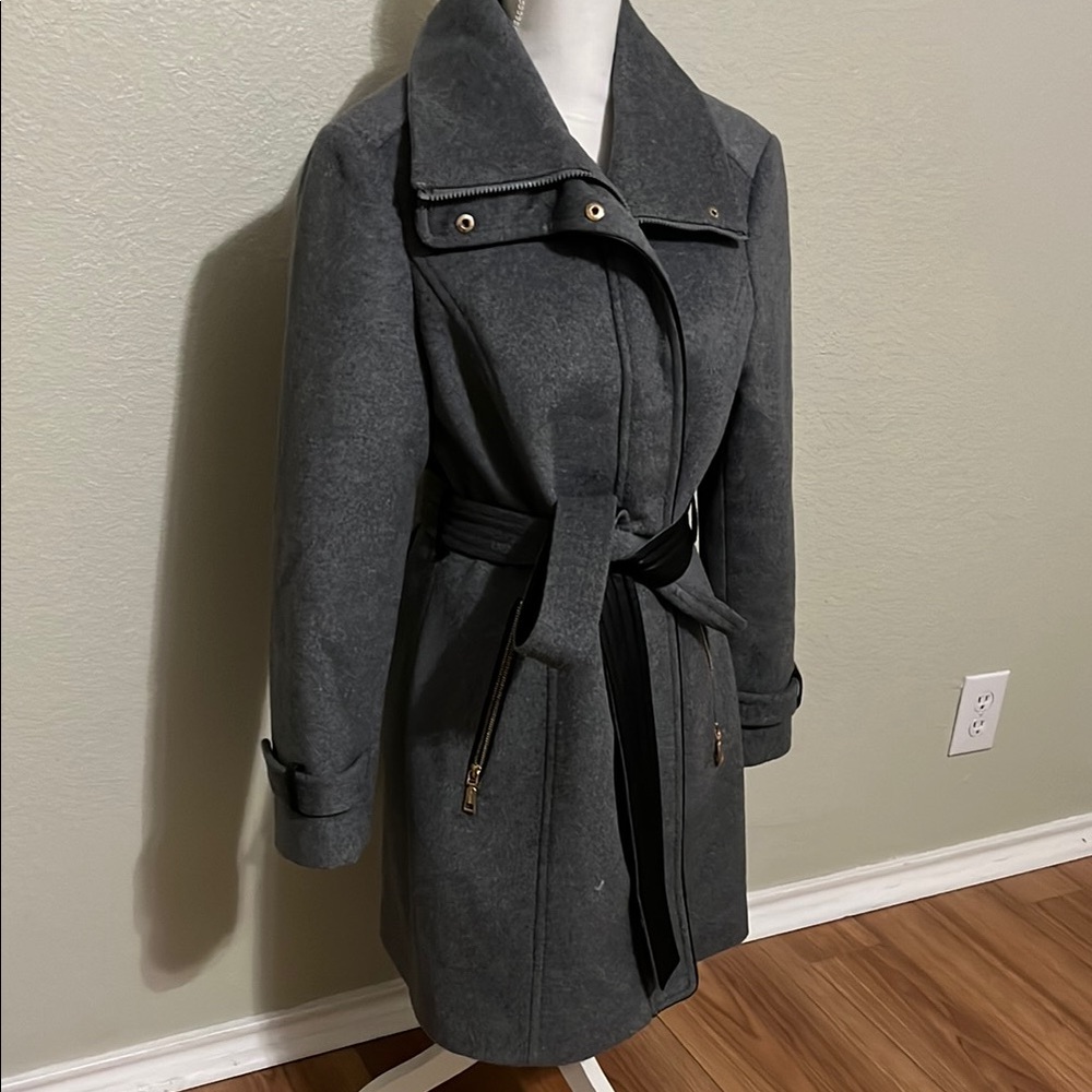 Elegant Gray Belted Women's Coat
